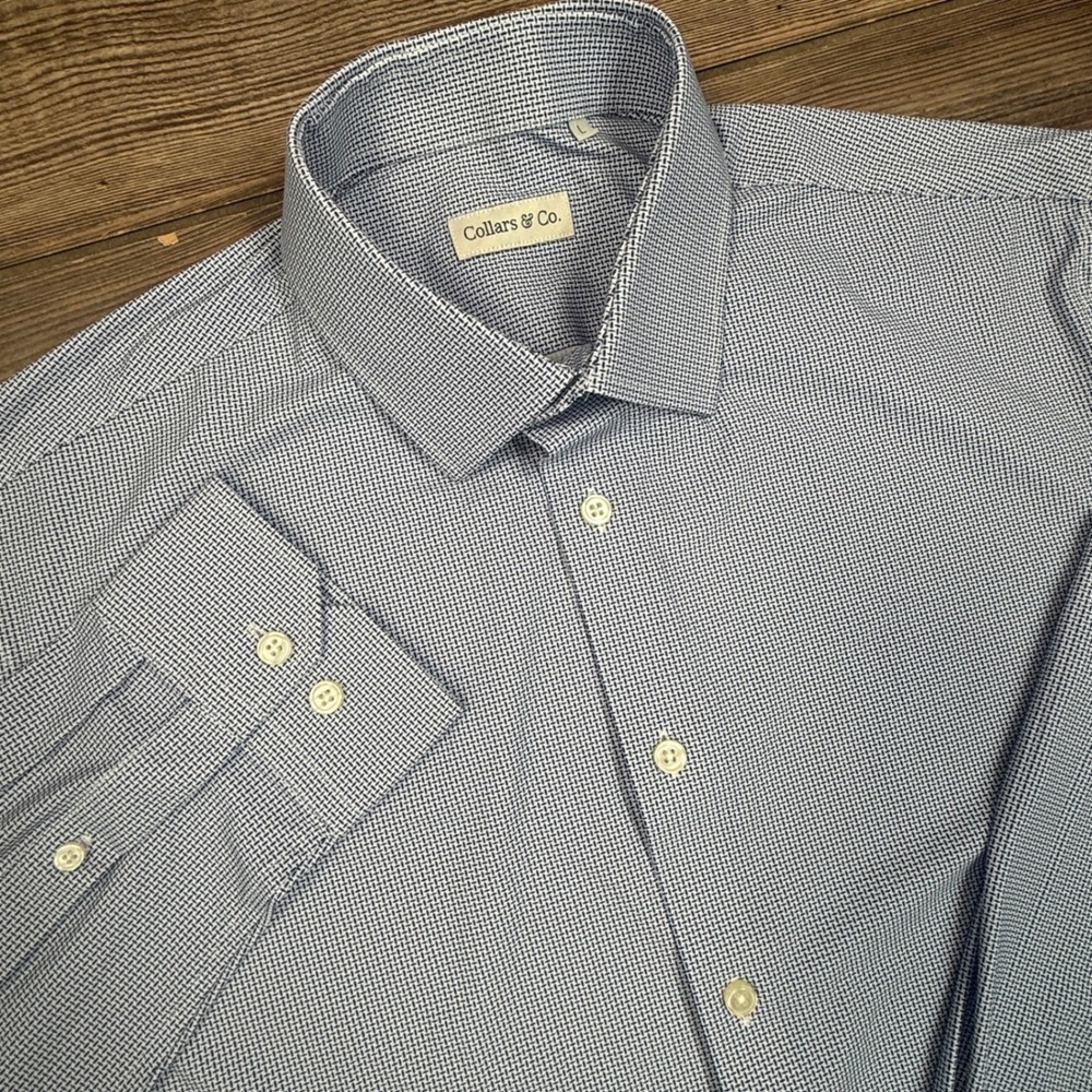 Collars & Co Mens Size LARGE Apex Dress Shirt Navy White Basketweave Stretch - Picture 3 of 10